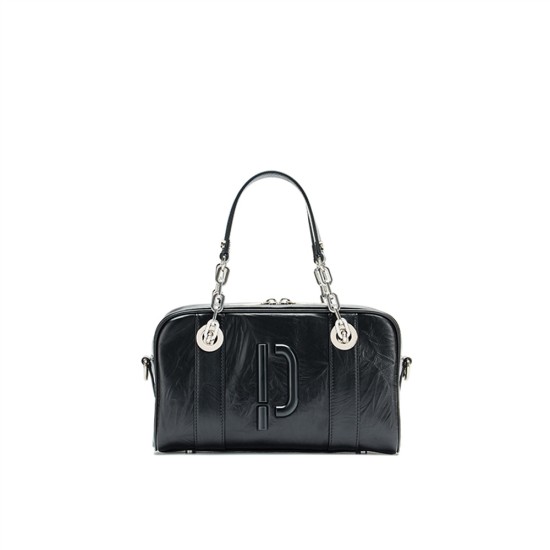 Boston genuine leather chain crossbody handbag, black bowling bag - Memoo.com Boston genuine leather chain crossbody handbag, black bowling bag - Memoo.com