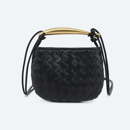 Braided cowhide metal handle single shoulder oblique span small round bag - Memoo.com Braided cowhide metal handle single shoulder oblique span small round bag - Memoo.com