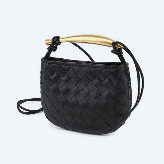 Braided cowhide metal handle single shoulder oblique span small round bag - Memoo.com Braided cowhide metal handle single shoulder oblique span small round bag - Memoo.com