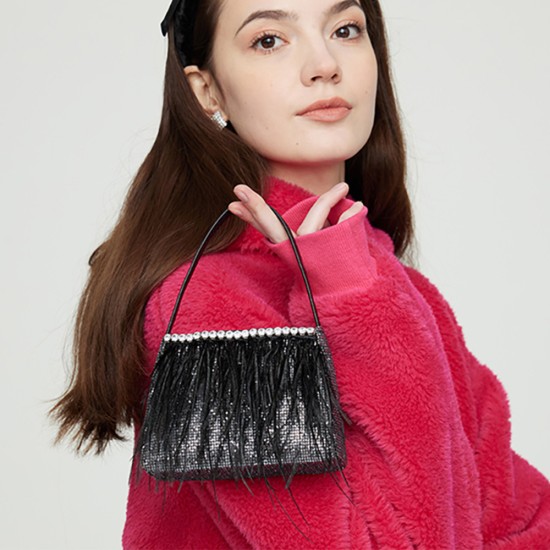Feather handbag, black handbag, small square bag, rhinestone women's bag Feather handbag, black handbag, small square bag, rhinestone women's bag