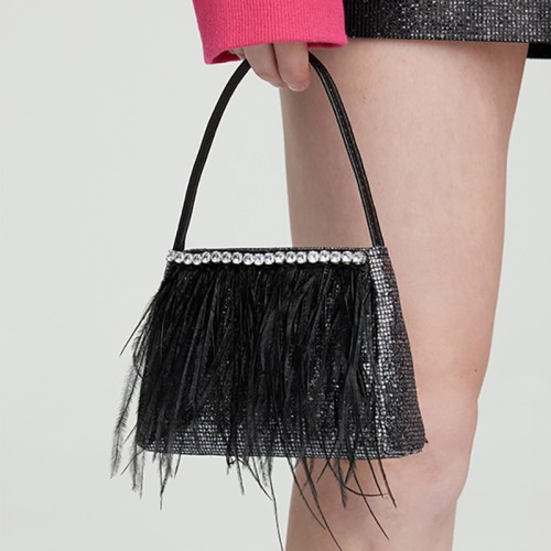 Feather handbag, black handbag, small square bag, rhinestone women's bag