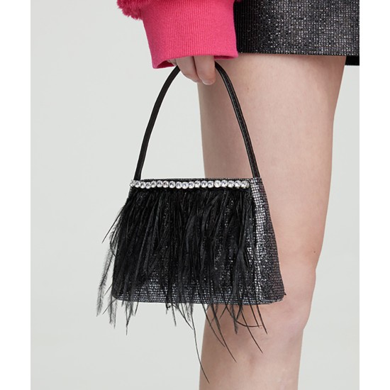 Feather handbag, black handbag, small square bag, rhinestone women's bag Feather handbag, black handbag, small square bag, rhinestone women's bag
