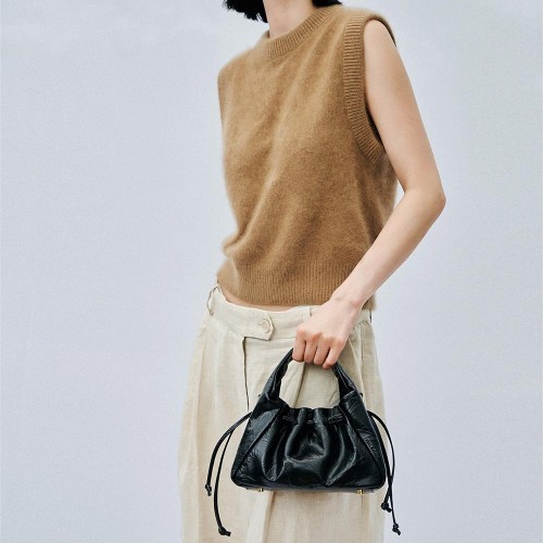 Scalloped small crossbody bag, pleated bag, textured drawstring leather shoulder bag