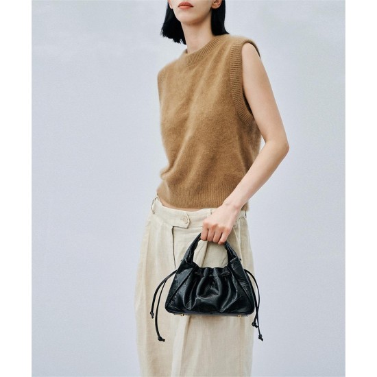 Scalloped small crossbody bag, pleated bag, textured drawstring leather shoulder bag - Memoo.com Scalloped small crossbody bag, pleated bag, textured drawstring leather shoulder bag - Memoo.com