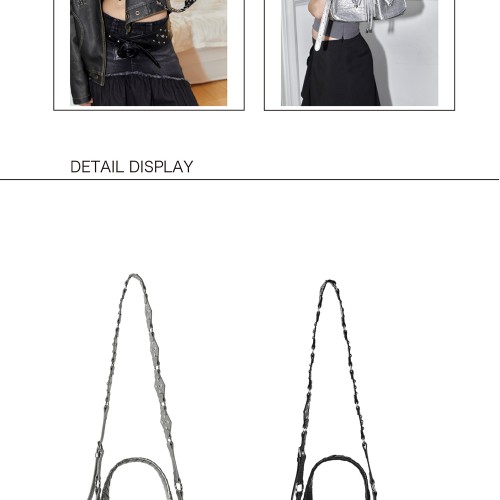 Silver drawstring pocket bag Women's motorcycle crossbody bag Black bucket bag Vintage leather bag Square bag