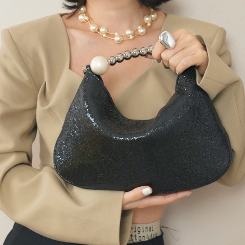 Black Diamond Beaded Handbag, Dumpling Bag Black Diamond Beaded Handbag, Dumpling Bag