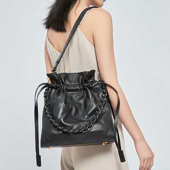 Sheepskin womens bag, genuine leather diamond grid chain bag, single shoulder bucket bag - Memoo.com Sheepskin womens bag, genuine leather diamond grid chain bag, single shoulder bucket bag - Memoo.com