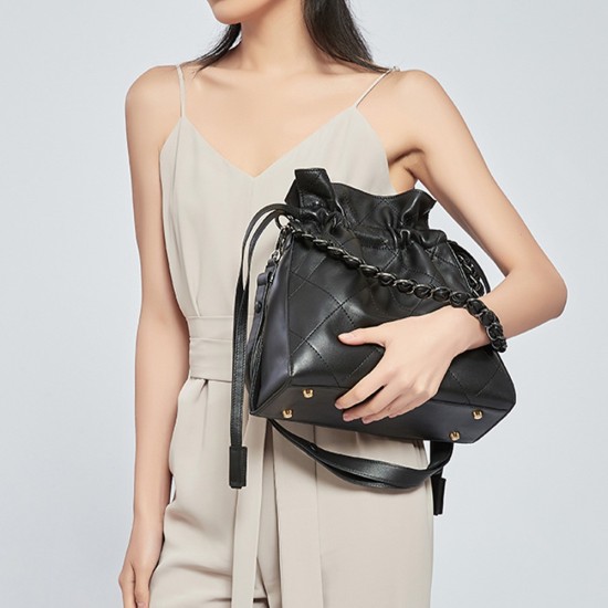 Sheepskin womens bag, genuine leather diamond grid chain bag, single shoulder bucket bag - Memoo.com Sheepskin womens bag, genuine leather diamond grid chain bag, single shoulder bucket bag - Memoo.com